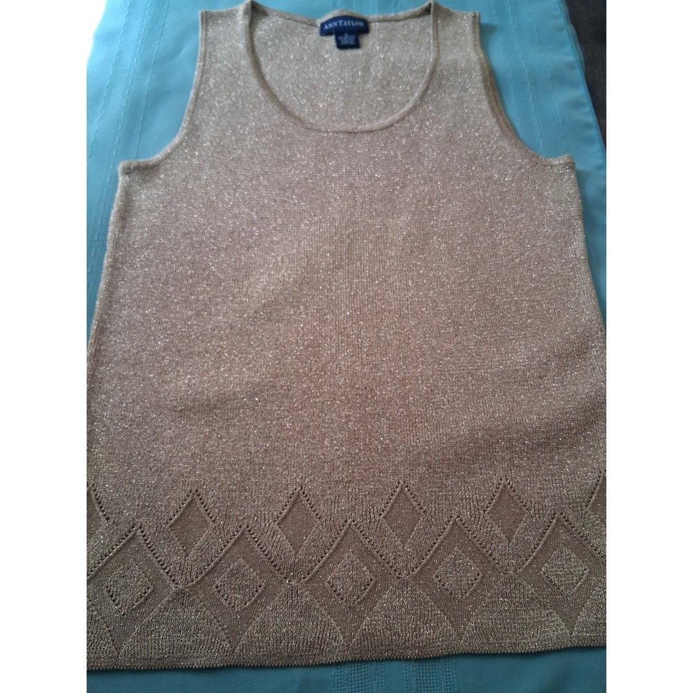 Ann Taylor Gold Metallic Knit Sleeveless Scoop Neck Tank Top Diamond Hem Small